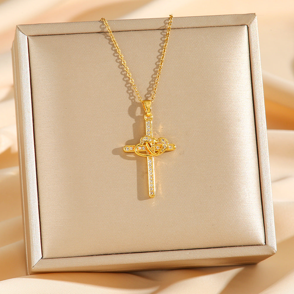 Cross Double Ring Love Heart Necklace